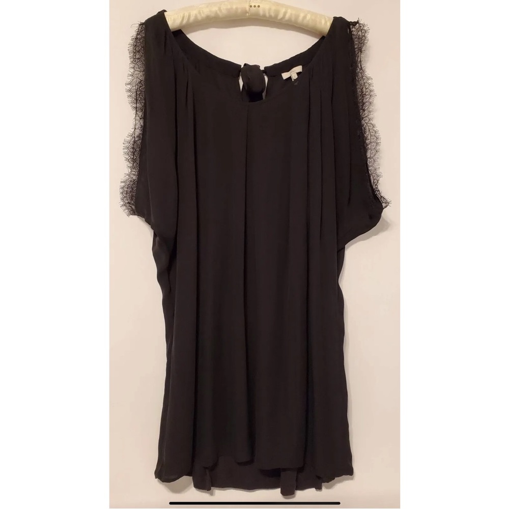 EUC JOIE Dress LBD Black Flowy Mini Short Size Large Sheer w/ Slip - Lace Trim